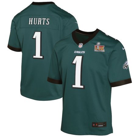 Youth Philadelphia Eagles #1 Jalen Hurts Midnight Green Super Bowl LIX Game Player Jersey